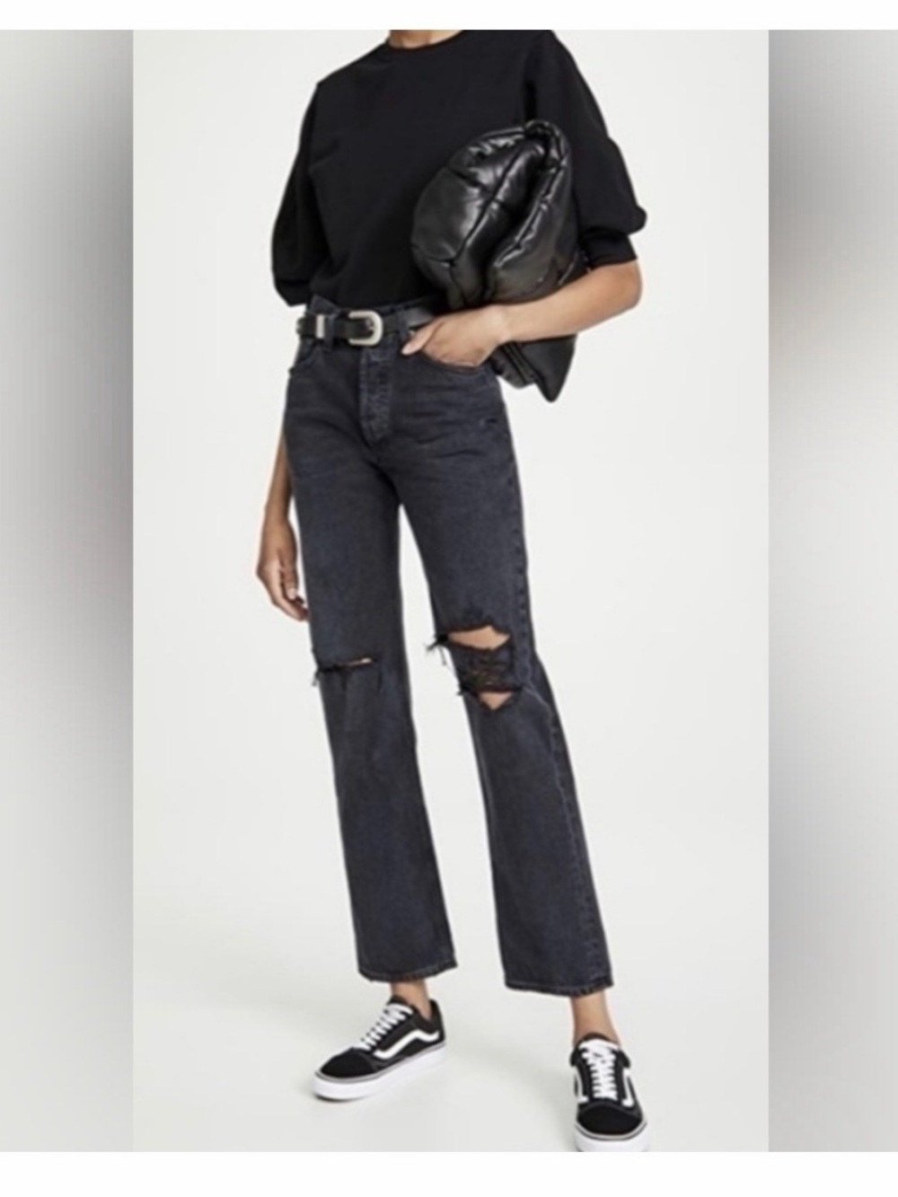 AGOLDE Lana Mid Rise Vintage  Black Straight distressed Jeans Sz 26